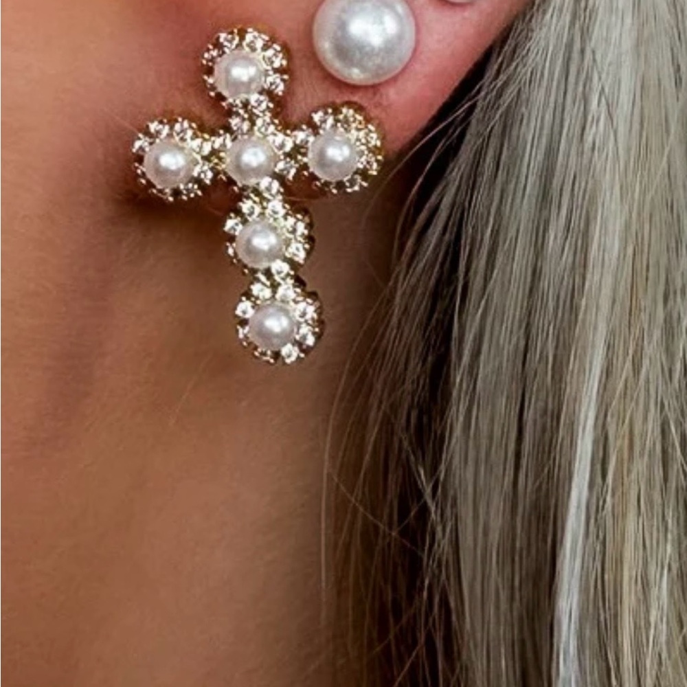 Gold and Pearl Cross Earrings